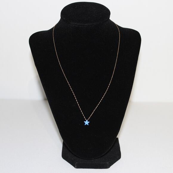 Dainty Solid 14K Gold Necklace with Blue Opal Star Charm - Picture 2 of 9